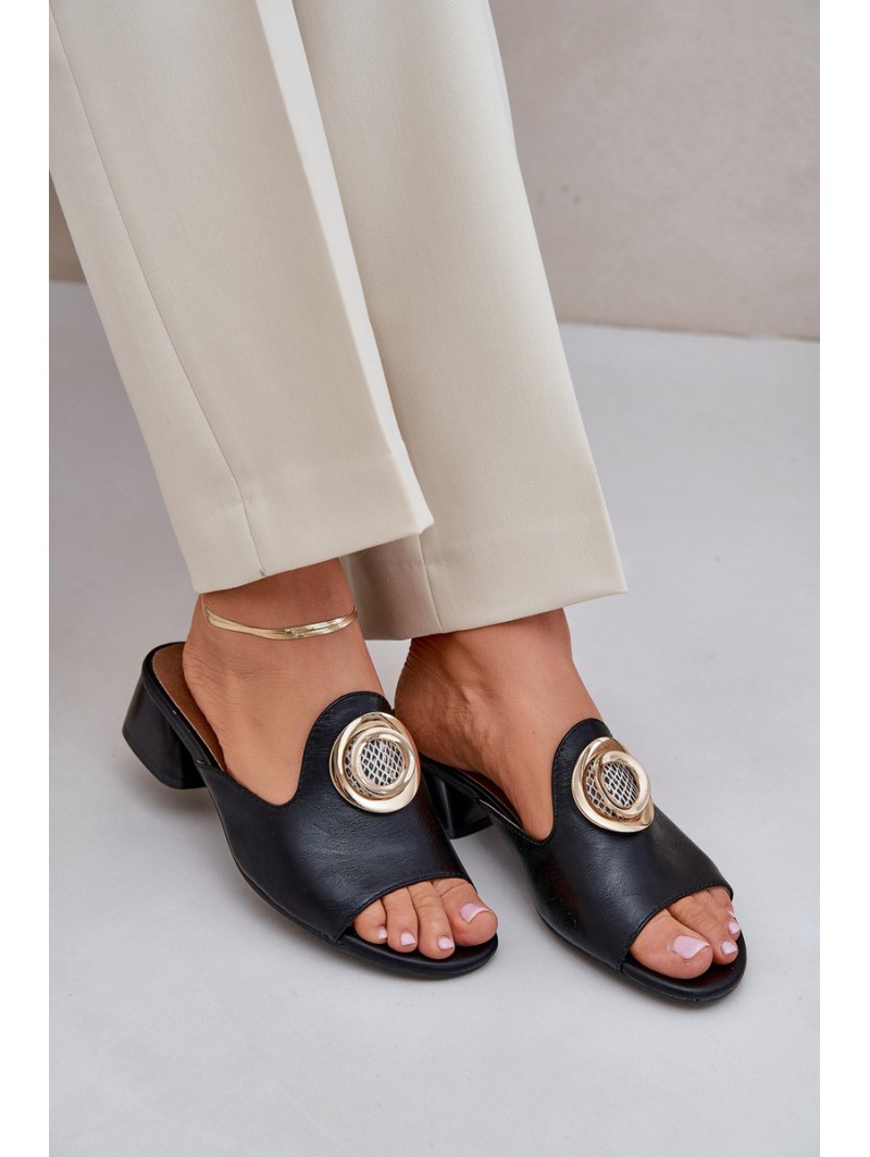 Elegant Women's Slippers On A Low Heel With Decoration Black Feledis