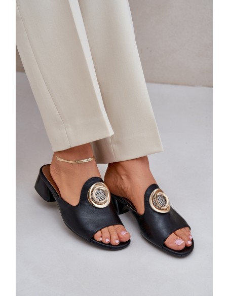 Elegant Women's Slippers On A Low Heel With Decoration Black Feledis