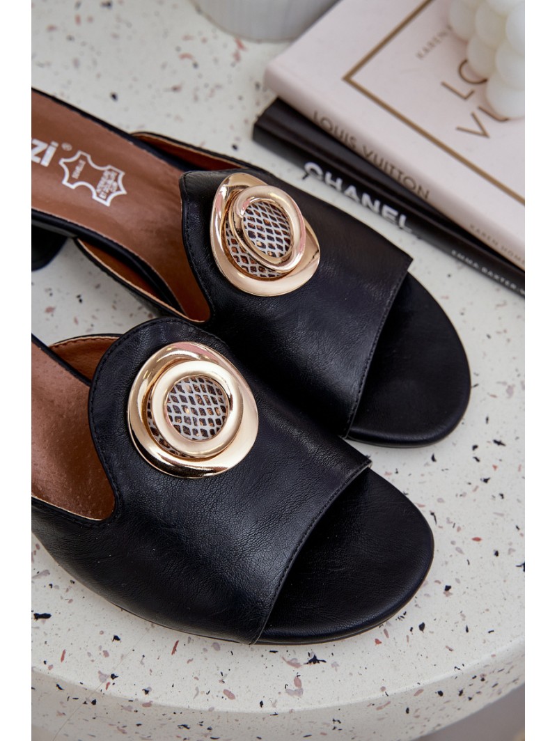 Elegant Women's Slippers On A Low Heel With Decoration Black Feledis