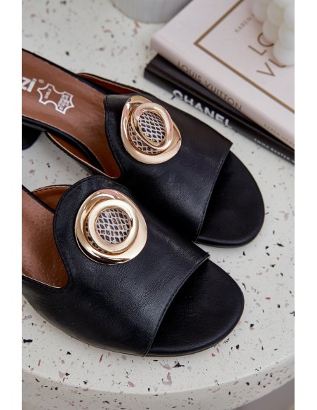 Elegant Women's Slippers On A Low Heel With Decoration Black Feledis