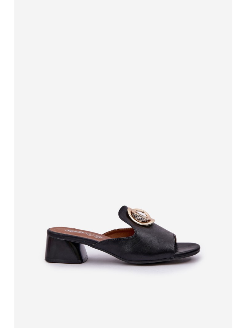 Elegant Women's Slippers On A Low Heel With Decoration Black Feledis