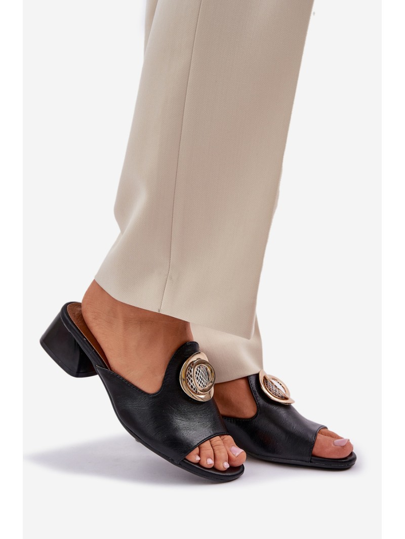 Elegant Women's Slippers On A Low Heel With Decoration Black Feledis