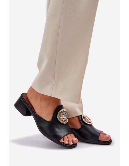 Elegant Women's Slippers On A Low Heel With Decoration Black Feledis
