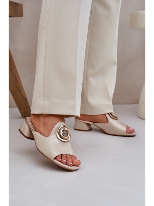Elegant Ladies Slippers On Low Heel With Decoration Beige Feledis