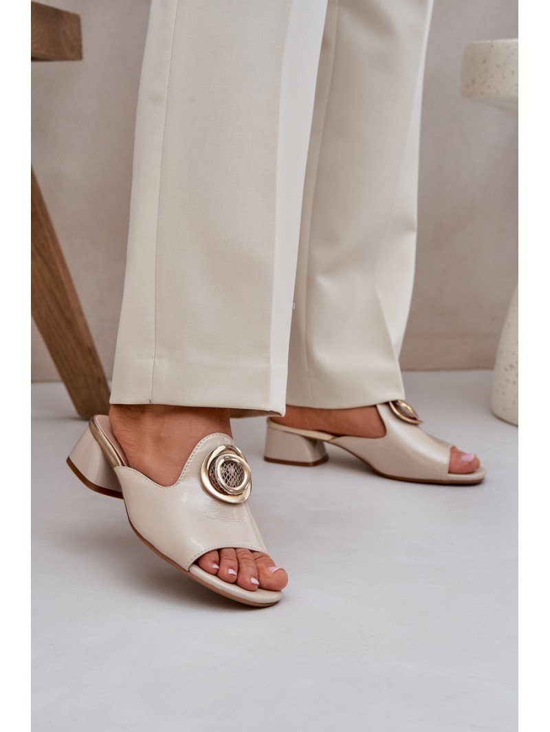 Elegant Ladies Slippers On Low Heel With Decoration Beige Feledis