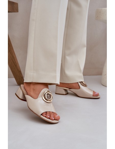 Elegant Ladies Slippers On Low Heel With Decoration Beige Feledis