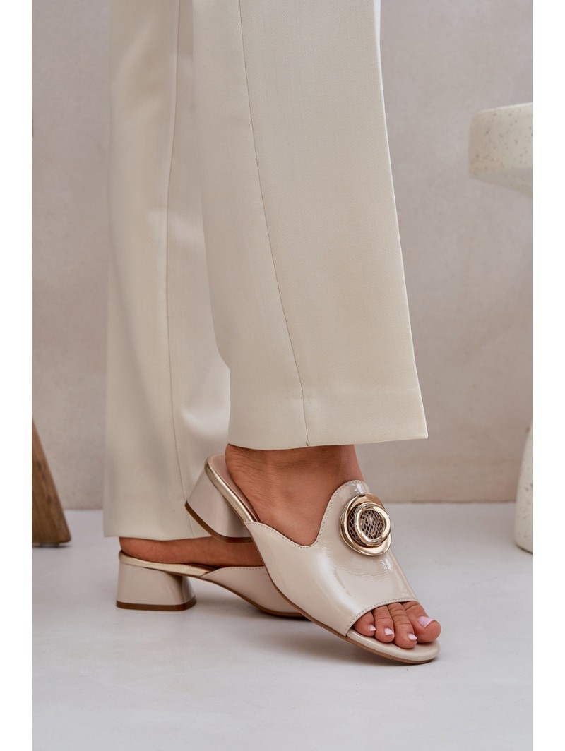 Elegant Ladies Slippers On Low Heel With Decoration Beige Feledis