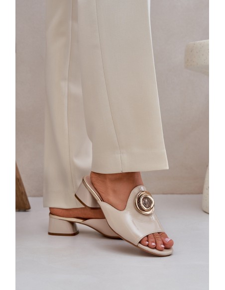 Elegant Ladies Slippers On Low Heel With Decoration Beige Feledis