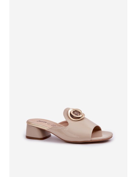 Elegant Ladies Slippers On Low Heel With Decoration Beige Feledis