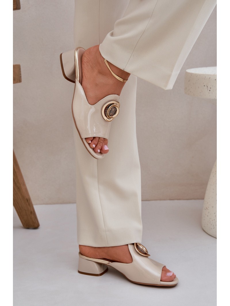 Elegant Ladies Slippers On Low Heel With Decoration Beige Feledis