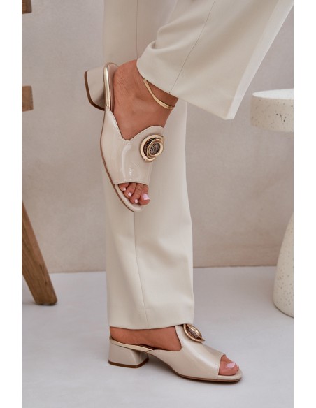 Elegant Ladies Slippers On Low Heel With Decoration Beige Feledis
