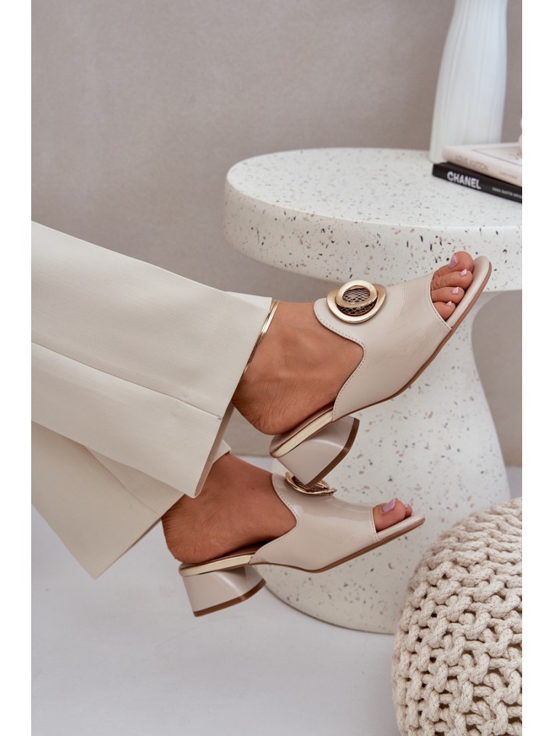 Elegant Ladies Slippers On Low Heel With Decoration Beige Feledis