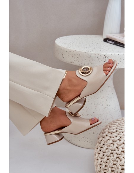 Elegant Ladies Slippers On Low Heel With Decoration Beige Feledis