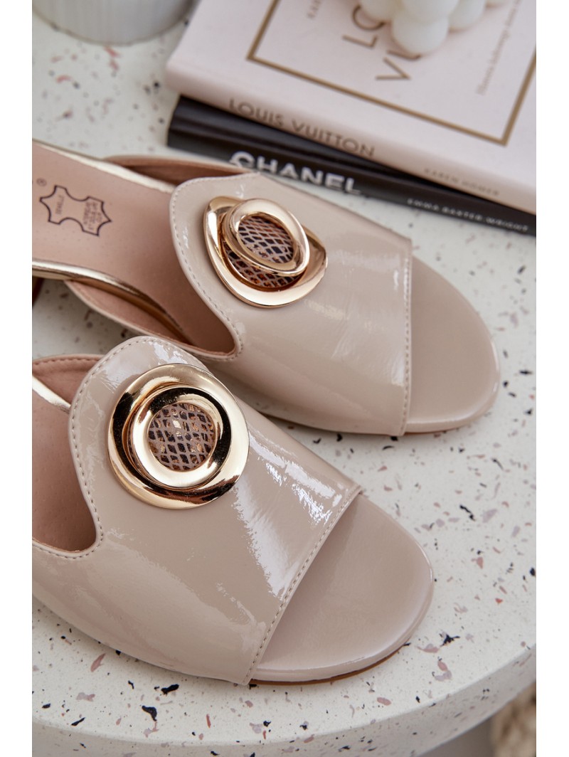 Elegant Ladies Slippers On Low Heel With Decoration Beige Feledis
