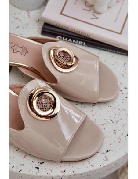 Elegant Ladies Slippers On Low Heel With Decoration Beige Feledis