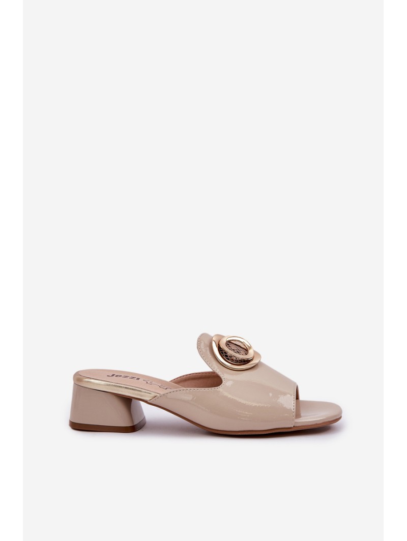 Elegant Ladies Slippers On Low Heel With Decoration Beige Feledis