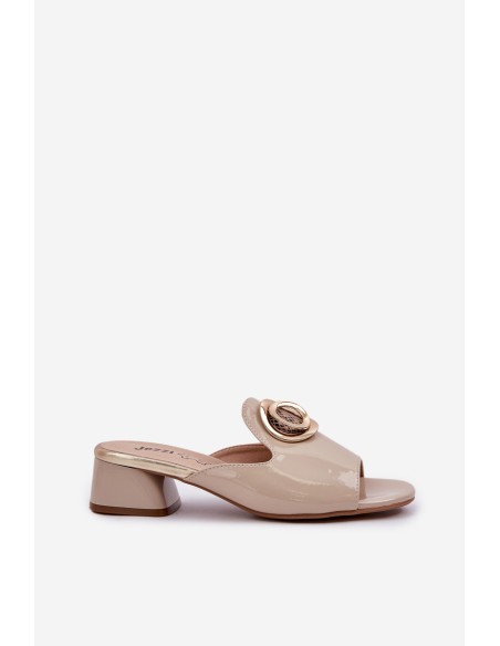 Elegant Ladies Slippers On Low Heel With Decoration Beige Feledis
