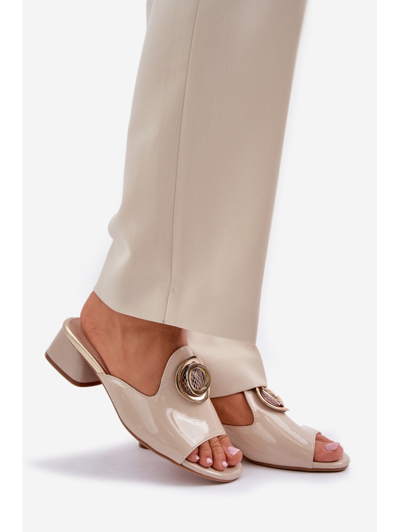 Elegant Ladies Slippers On Low Heel With Decoration Beige Feledis