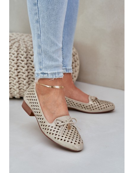 Perforated Ballet Flats With Bow Eco Leather Golden Relabra