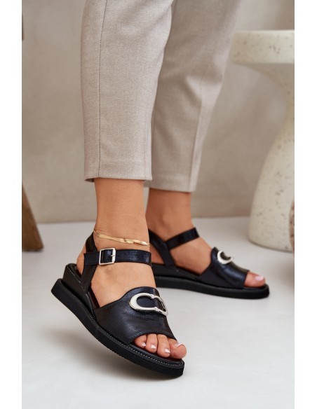 Lacquered Women's Wedge Sandals With Decoration Black Salianes