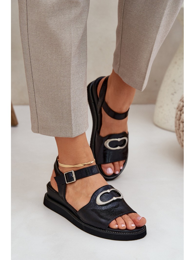 Lacquered Women's Wedge Sandals With Decoration Black Salianes