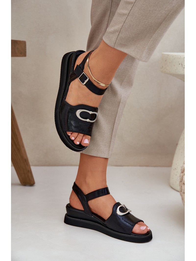 Lacquered Women's Wedge Sandals With Decoration Black Salianes