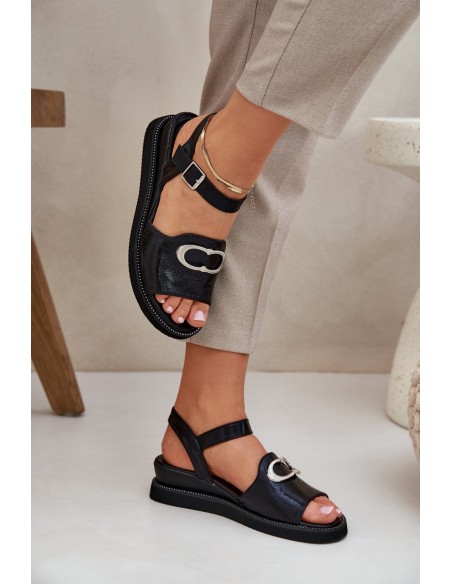 Lacquered Women's Wedge Sandals With Decoration Black Salianes
