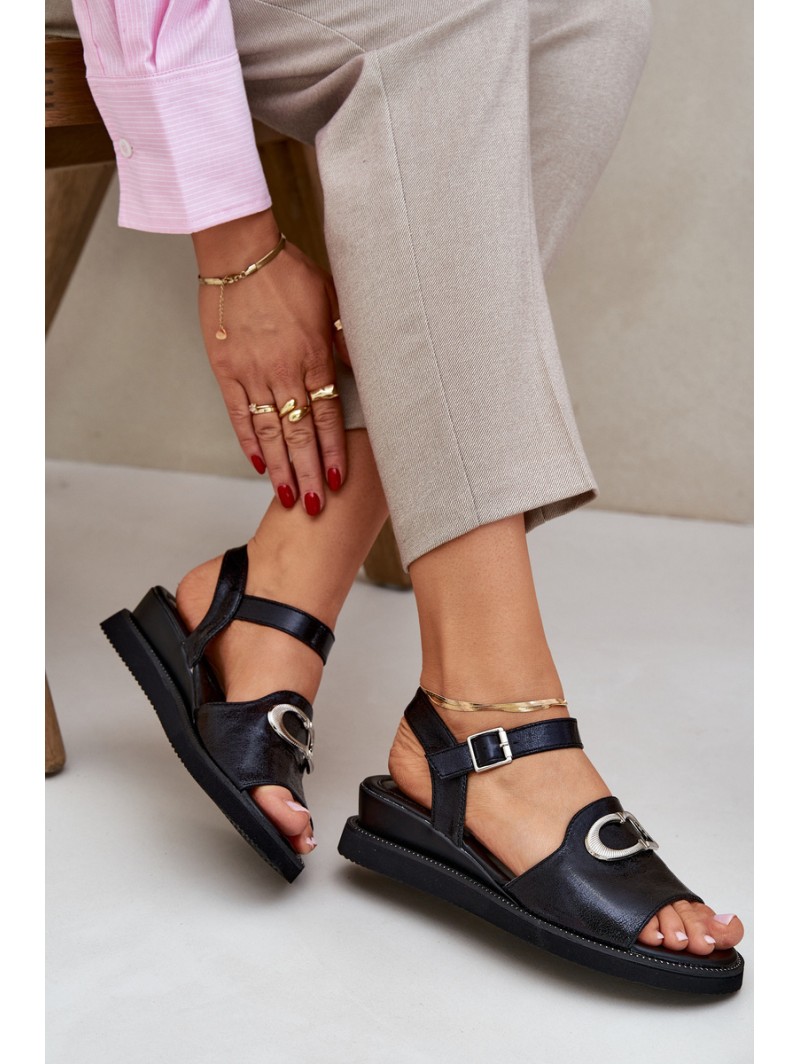Lacquered Women's Wedge Sandals With Decoration Black Salianes