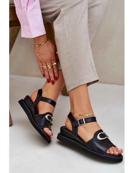 Lacquered Women's Wedge Sandals With Decoration Black Salianes
