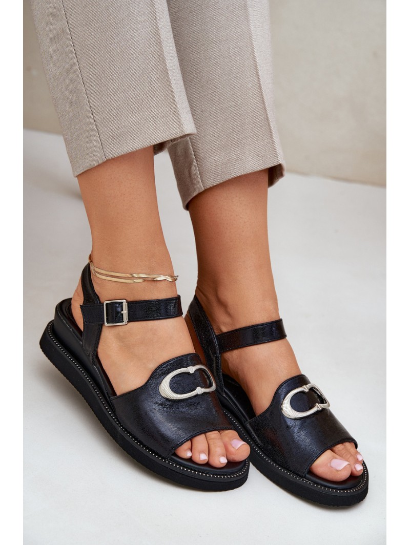 Lacquered Women's Wedge Sandals With Decoration Black Salianes