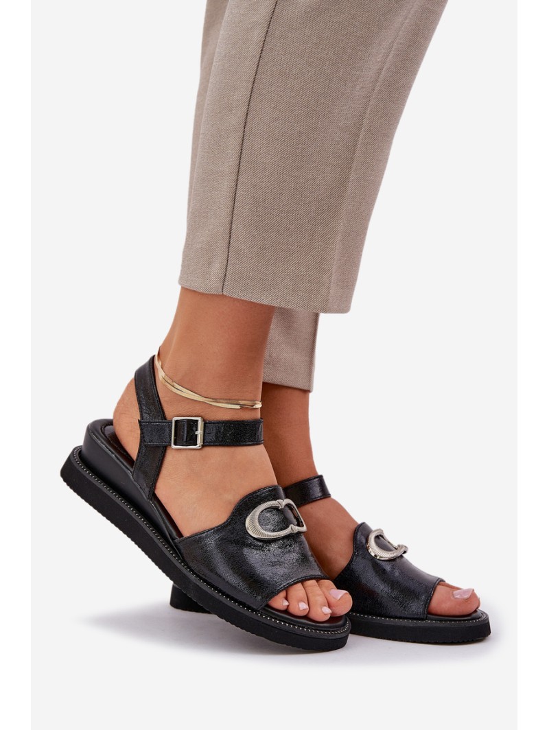 Lacquered Women's Wedge Sandals With Decoration Black Salianes