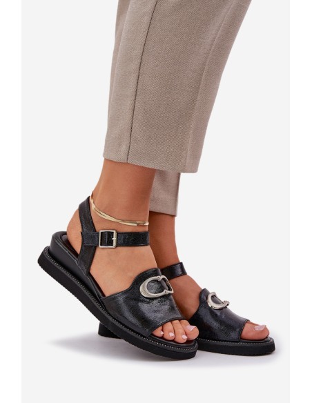 Lacquered Women's Wedge Sandals With Decoration Black Salianes