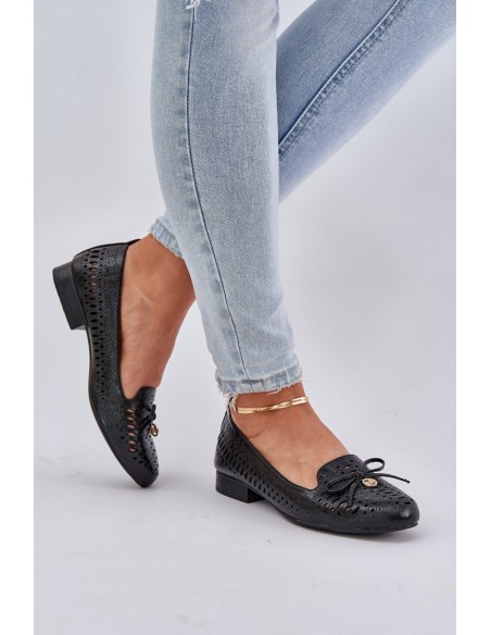 Lacquered Perforated Ballet Flats With Bow Eco Leather Black Amepitrea