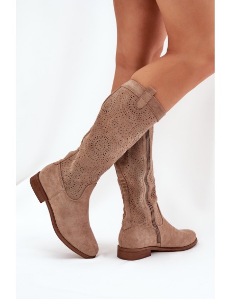 Boots With Perforated Shaft On Flat Heel S.Barski HY51-860 Beige