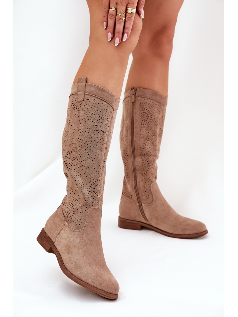 Boots With Perforated Shaft On Flat Heel S.Barski HY51-860 Beige
