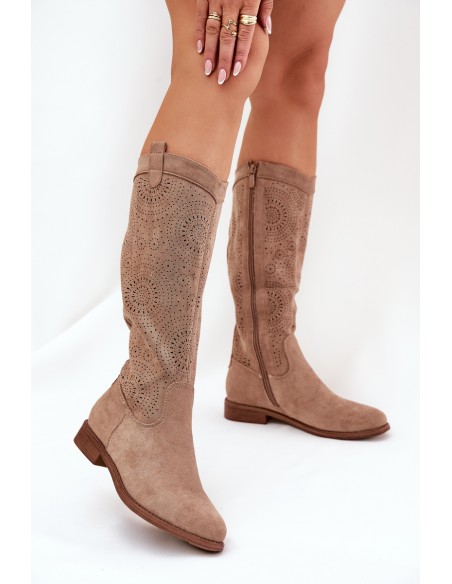 Boots With Perforated Shaft On Flat Heel S.Barski HY51-860 Beige