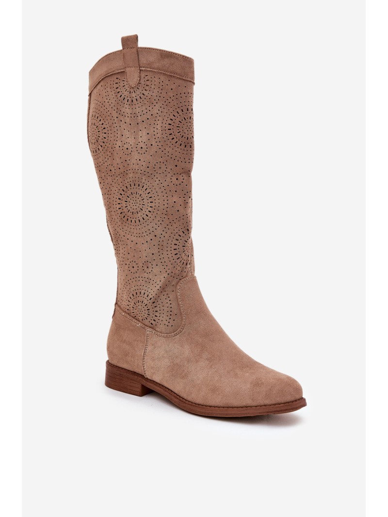 Boots With Perforated Shaft On Flat Heel S.Barski HY51-860 Beige