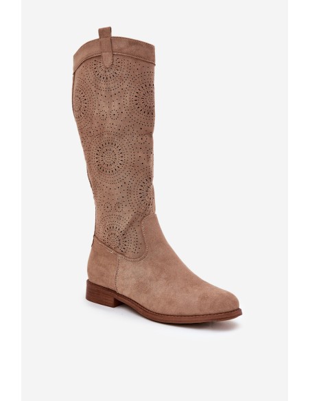 Boots With Perforated Shaft On Flat Heel S.Barski HY51-860 Beige