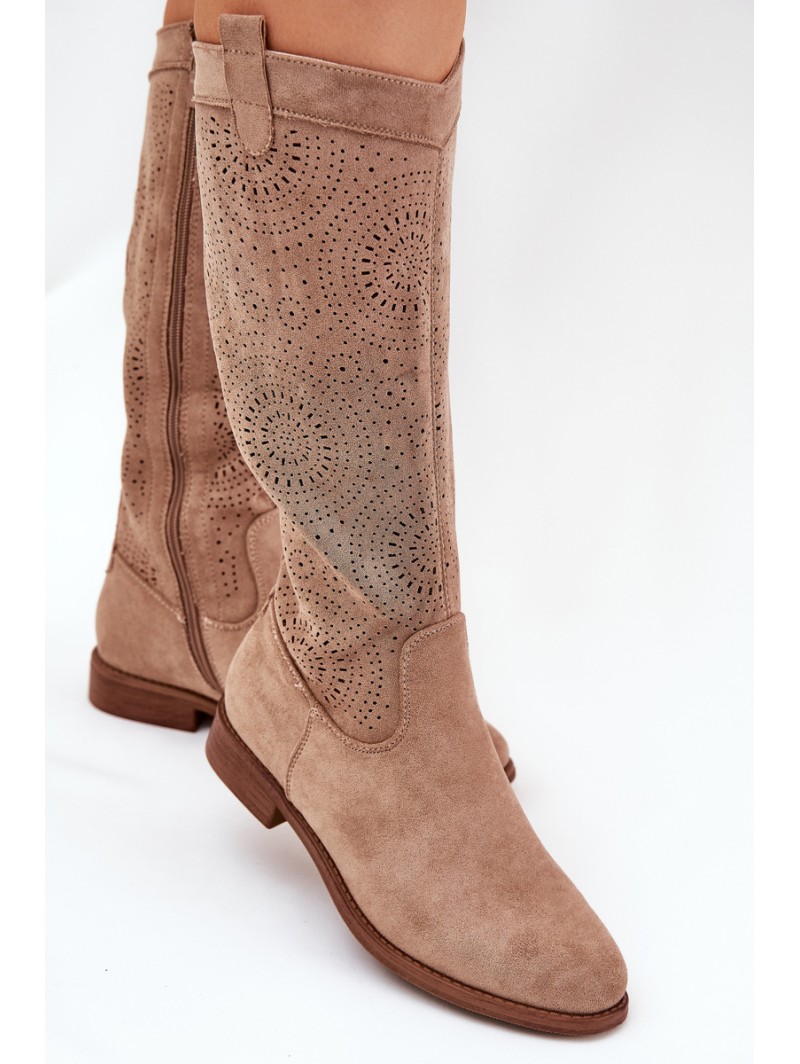 Boots With Perforated Shaft On Flat Heel S.Barski HY51-860 Beige