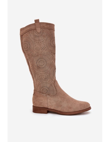 Boots With Perforated Shaft On Flat Heel S.Barski HY51-860 Beige