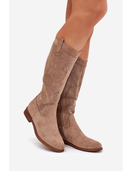 Boots With Perforated Shaft On Flat Heel S.Barski HY51-860 Beige