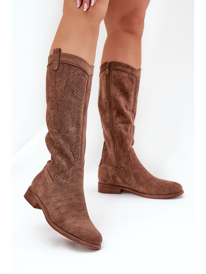 Boots With Openwork Shaft On Flat Heel Brown S.Barski HY51-860
