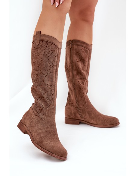 Boots With Openwork Shaft On Flat Heel Brown S.Barski HY51-860