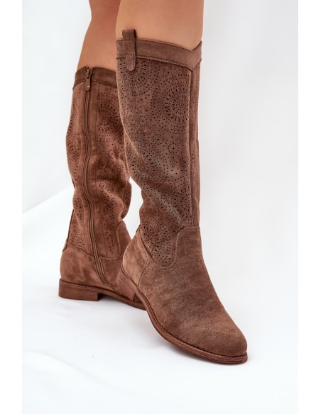 Boots With Openwork Shaft On Flat Heel Brown S.Barski HY51-860