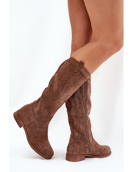 Boots With Openwork Shaft On Flat Heel Brown S.Barski HY51-860