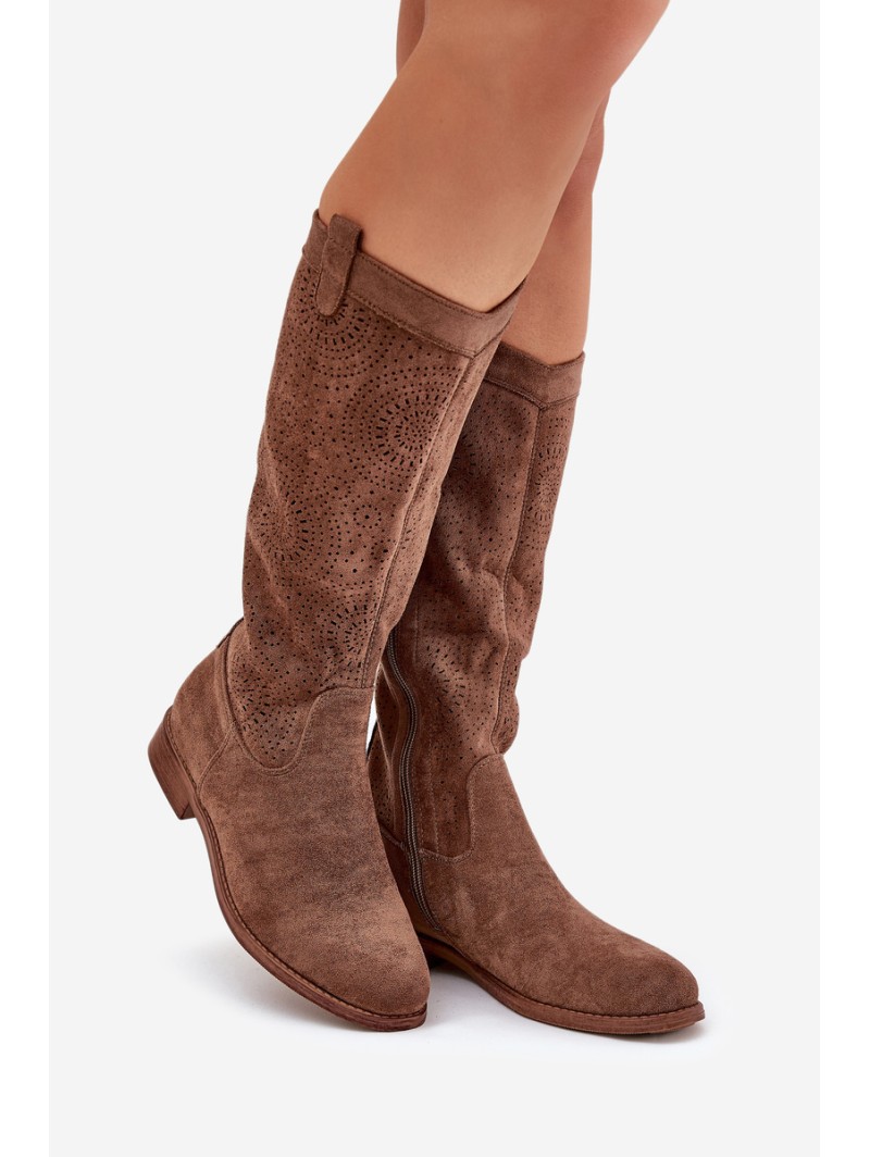 Boots With Openwork Shaft On Flat Heel Brown S.Barski HY51-860