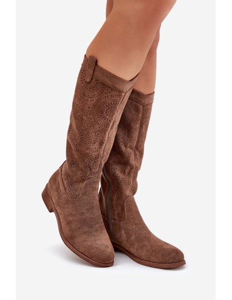Boots With Openwork Shaft On Flat Heel Brown S.Barski HY51-860