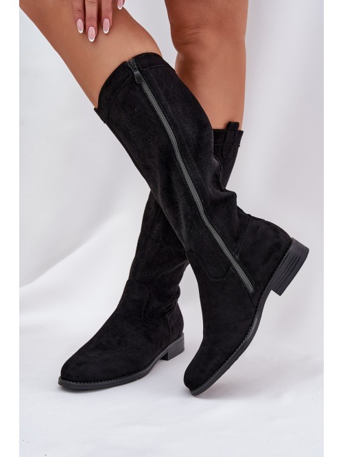 Knee Boots With Perforated Shaft On Flat Heel S.Barski HY51-860 Black