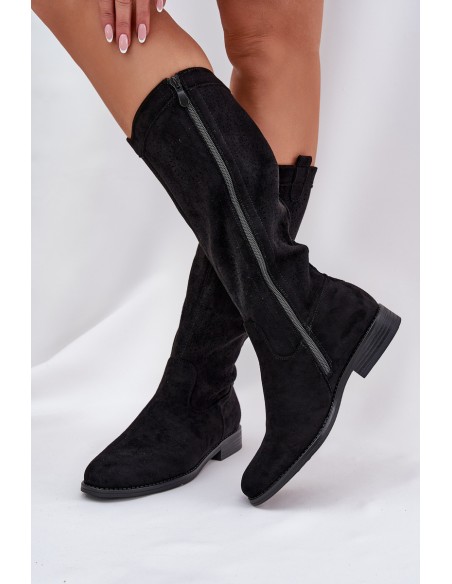 Knee Boots With Perforated Shaft On Flat Heel S.Barski HY51-860 Black