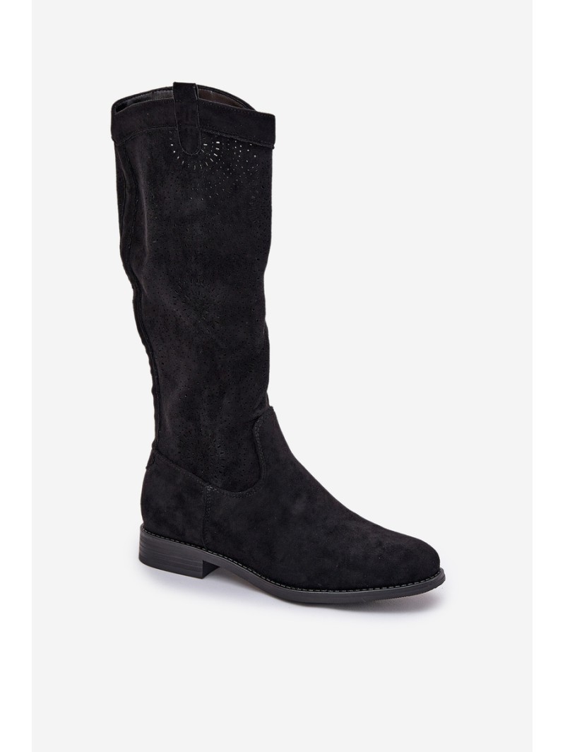 Knee Boots With Perforated Shaft On Flat Heel S.Barski HY51-860 Black